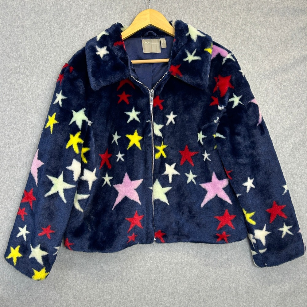 ASOS Faux Fur Full Zip Jacket Navy Blue Rainbow Star Cozy Celestial Womens 14